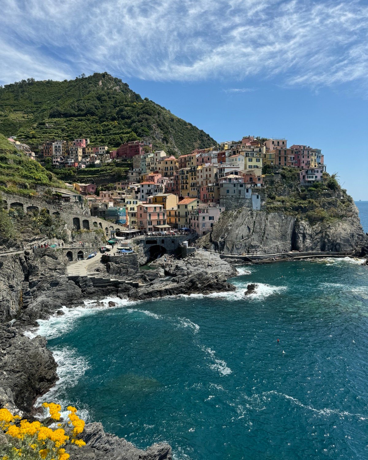 Pastel houses on a rocky headland above the sea in Manarola, Cinque Terre